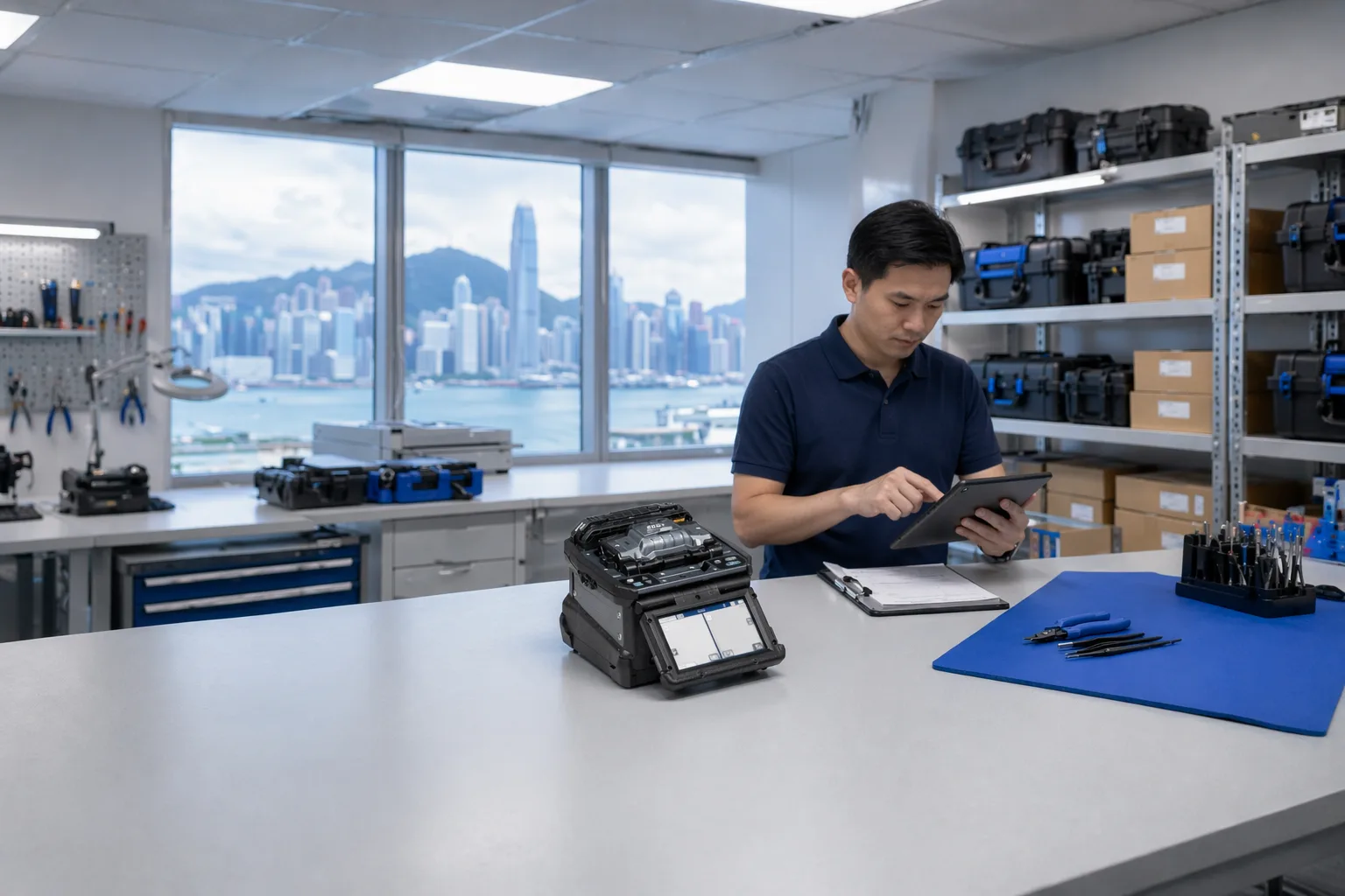 Staff inspecting fusion splicers and OTDRs at the Riselink Hong Kong operations hub