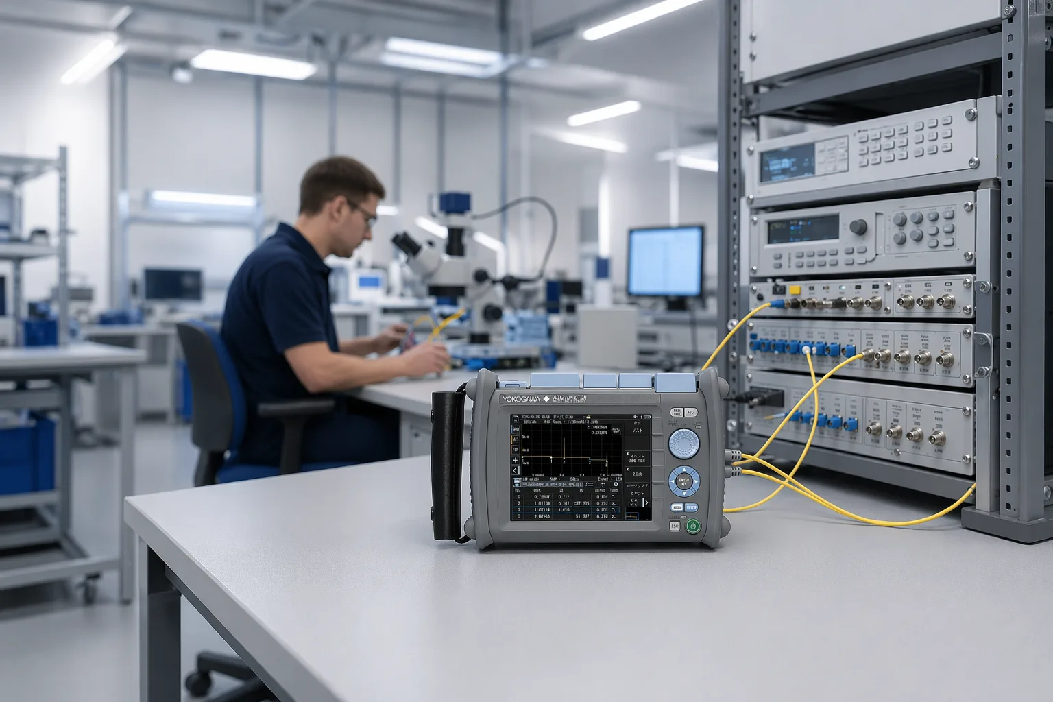 Engineer connecting a handheld instrument to benchtop reference equipment in the calibration lab