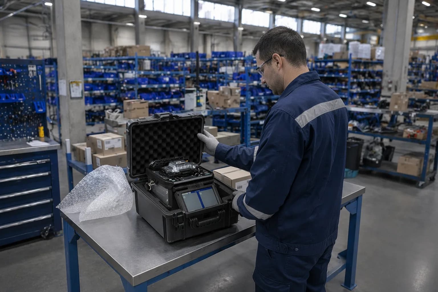 Worker packing a fusion splicer hard case for export in the Hong Kong warehouse