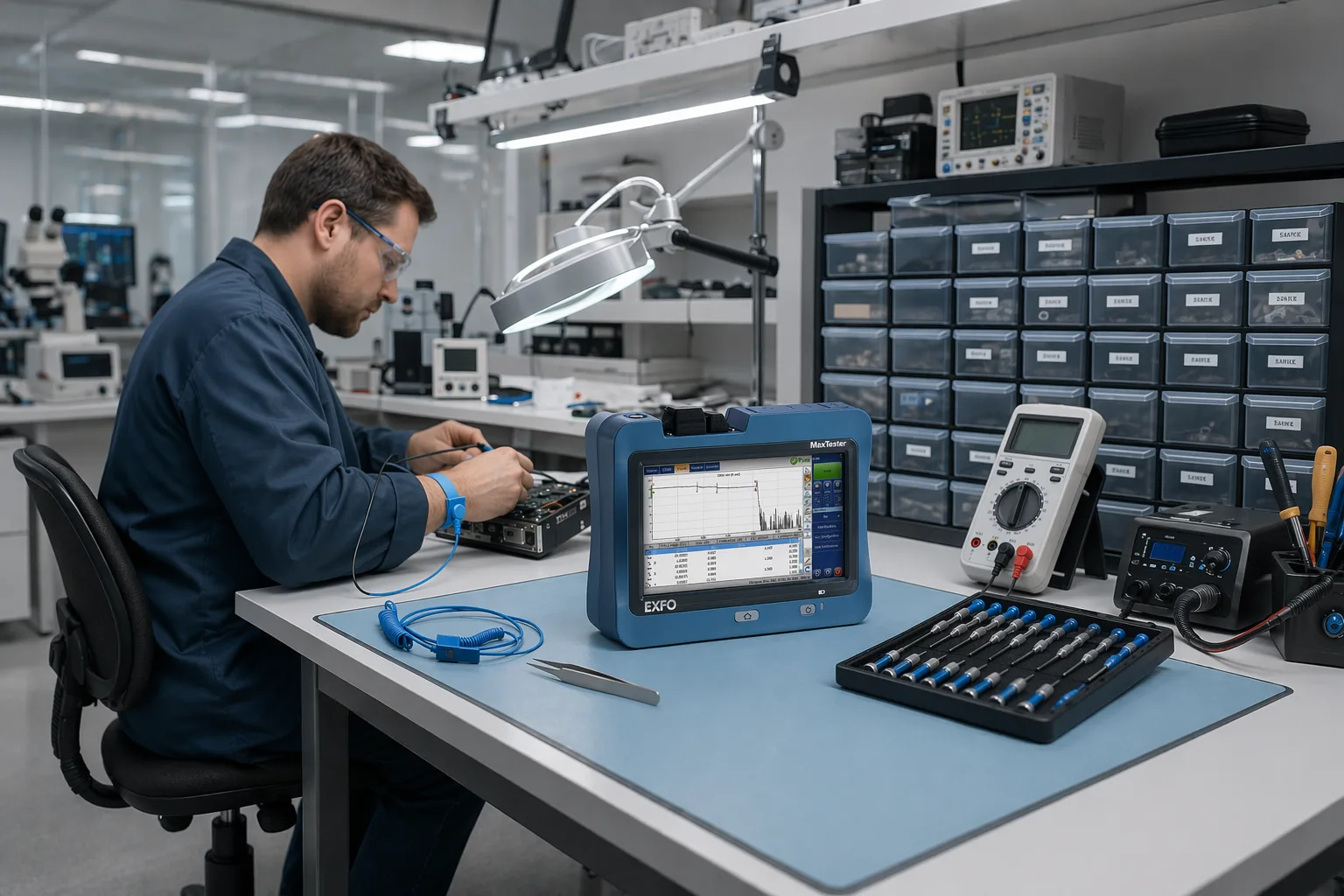Technician servicing an opened handheld instrument at the repair bench