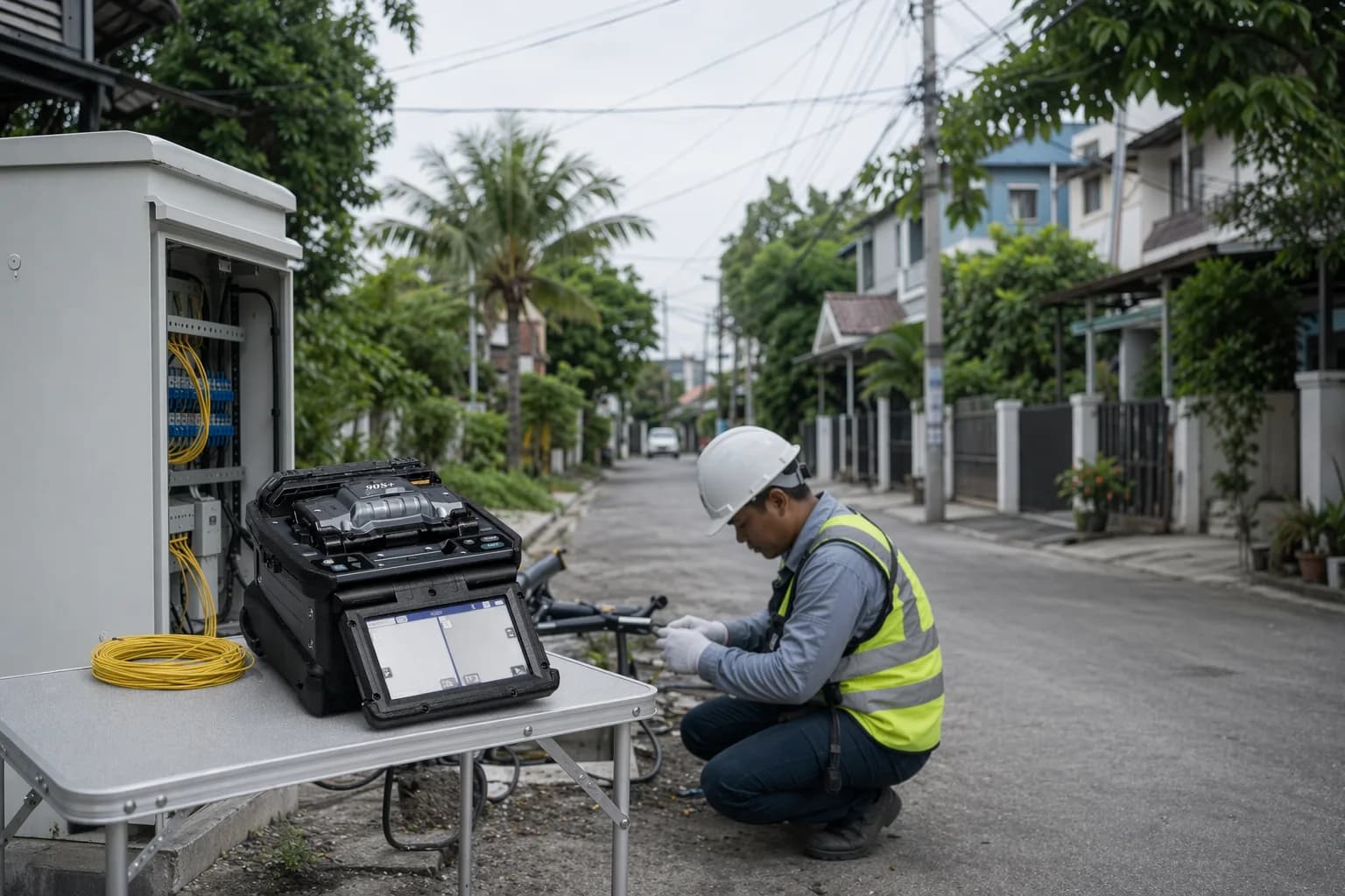 Crew splicing fiber at a street cabinet during an FTTH rollout in Southeast Asia