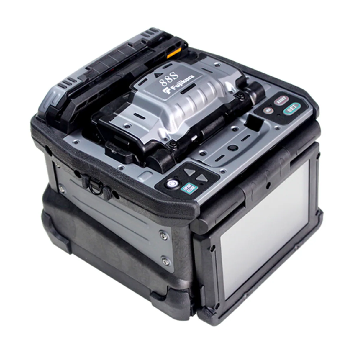Close-up of a fusion splicer's V-grooves, electrodes and alignment cameras